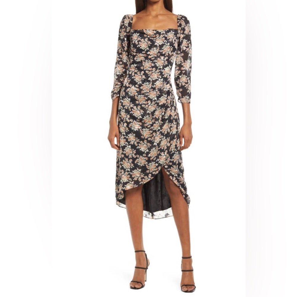 NWT Lush Nordstrom Floral Black Midi Dress with Side Slit